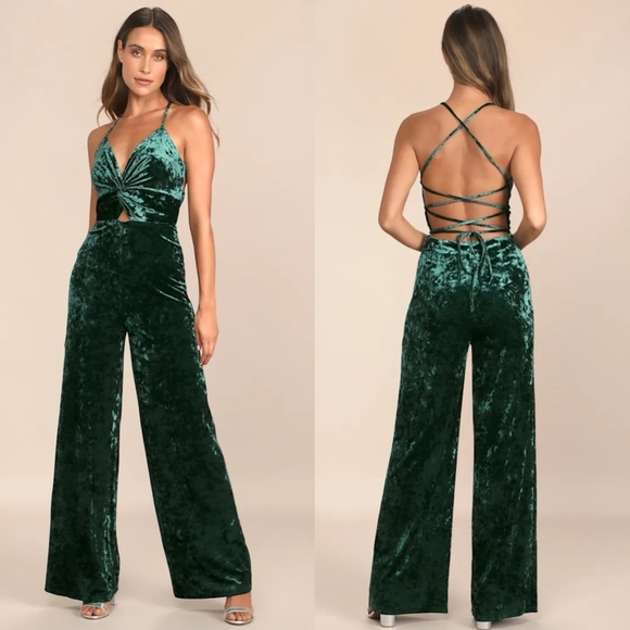 Lulus Dreams of Disco Emerald Green Velvet Lace-Up Jumpsuit L Wedding Party - Picture 1 of 13